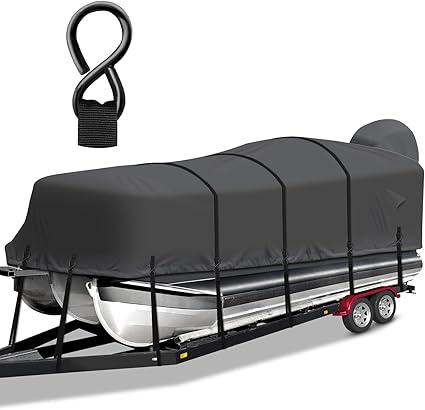 Pontoon Boat Cover, Heavy Duty 1200D Waterproof Pontoon Cover with Motor Cover and Windproof Adjustable Metal Buckle, 21-24 ft, Black