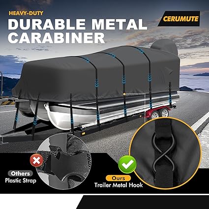 Pontoon Boat Cover, Heavy Duty 1200D Waterproof Pontoon Cover with Motor Cover and Windproof Adjustable Metal Buckle, 21-24 ft, Black